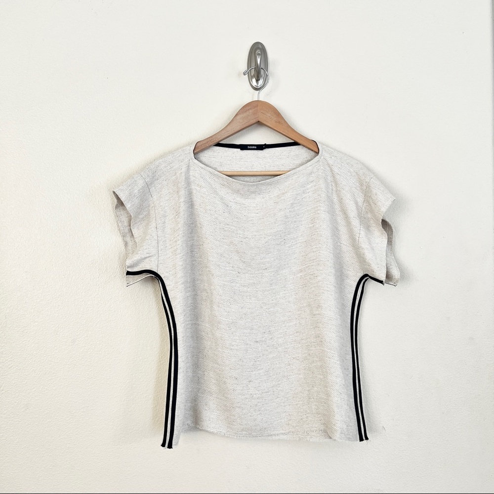 BASSIKE Irregular Linen Twill Slit Neck Top in Beige - Picture 4 of 9
